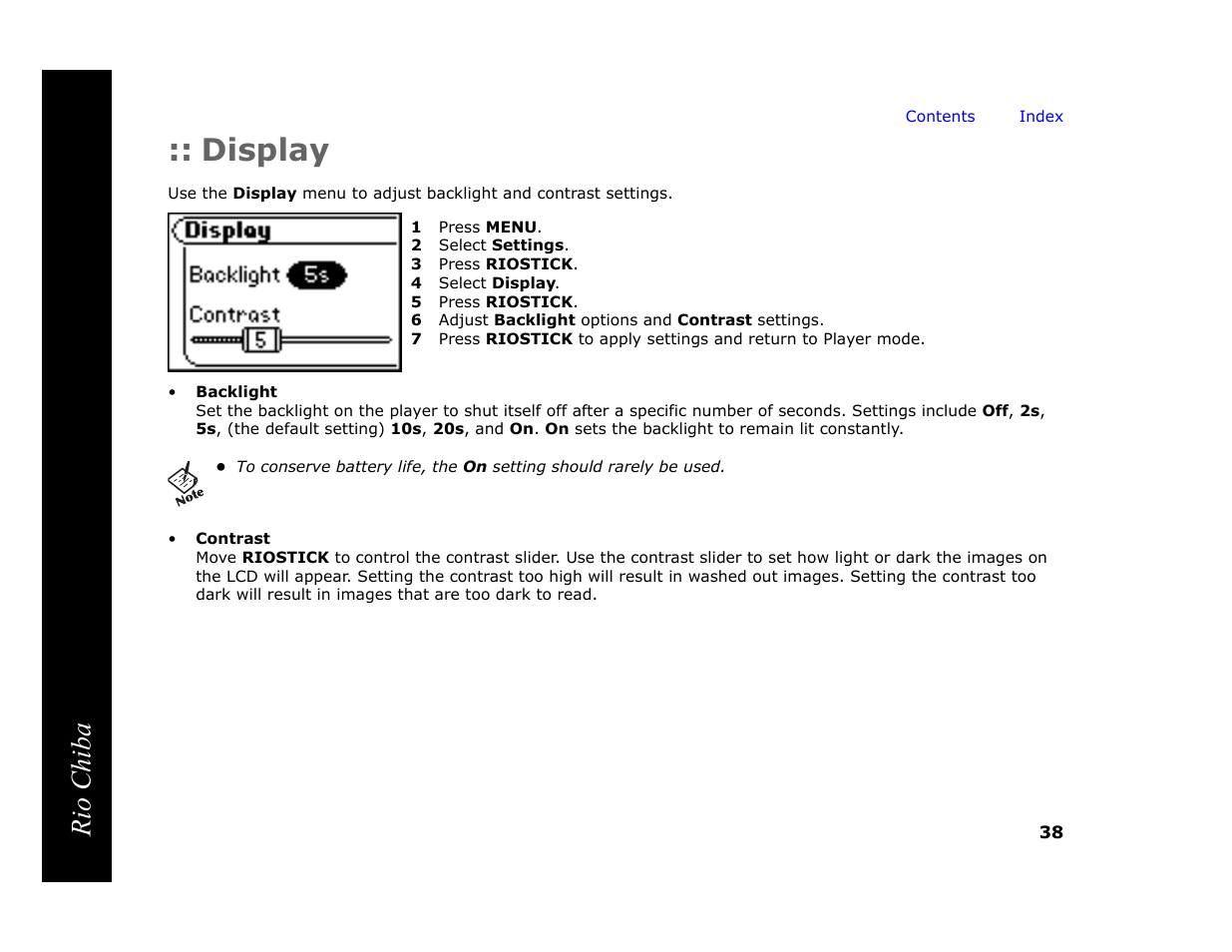 Display, 1 press menu, 2 select settings | 3 press riostick, 4 select display, 5 press riostick, 6 adjust backlight options and contrast settings, Rio chiba | Digital Networks North America Rio Chiba User Manual | Page 42 / 59