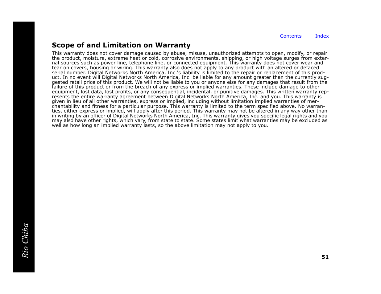 Scope of and limitation on warranty, Rio chiba | Digital Networks North America Rio Chiba User Manual | Page 55 / 59