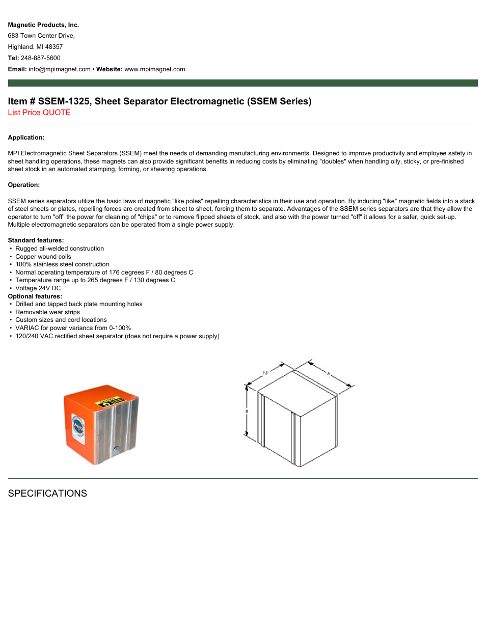 Magnetic Products SSEM-1325 User Manual | 2 pages