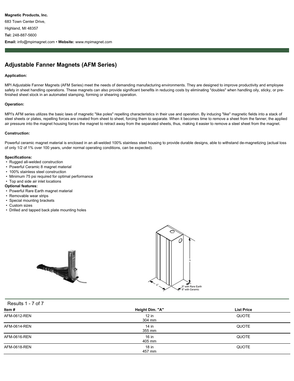 Magnetic Products AFM Series User Manual | 2 pages