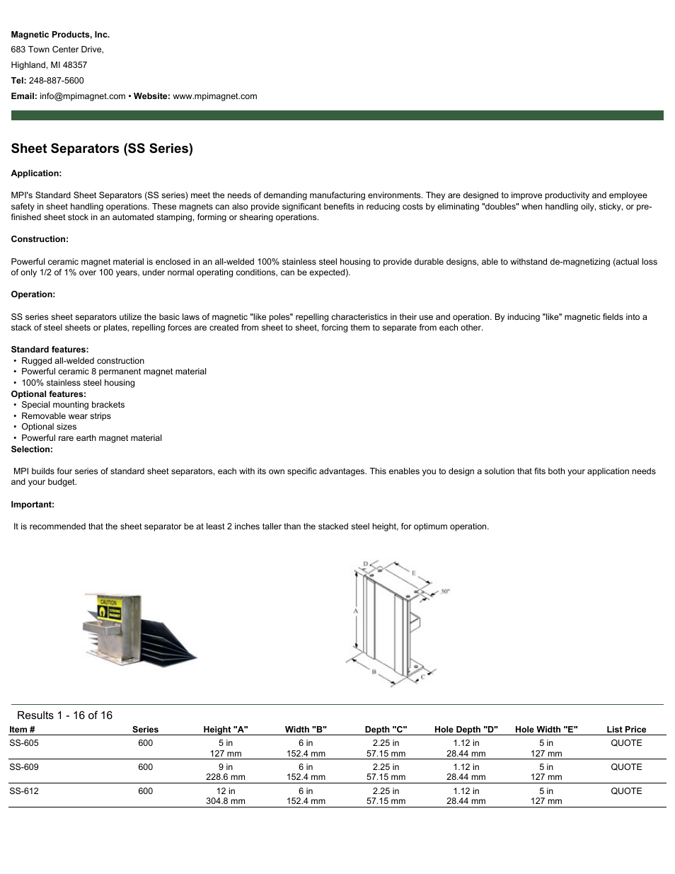 Magnetic Products SS Series User Manual | 2 pages