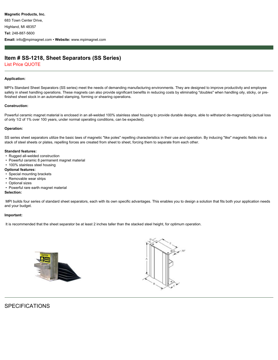 Magnetic Products SS-1218 User Manual | 2 pages