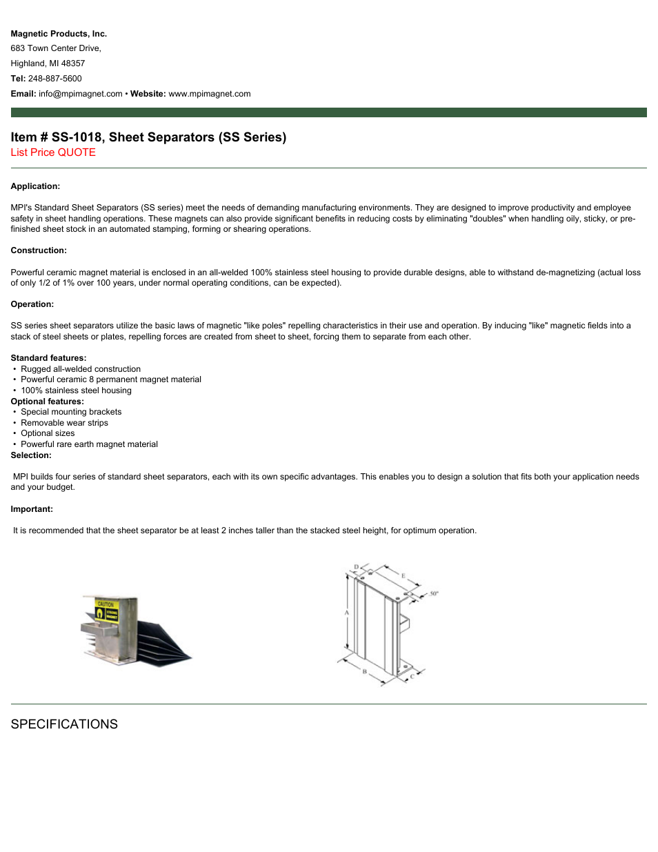 Magnetic Products SS-1018 User Manual | 2 pages