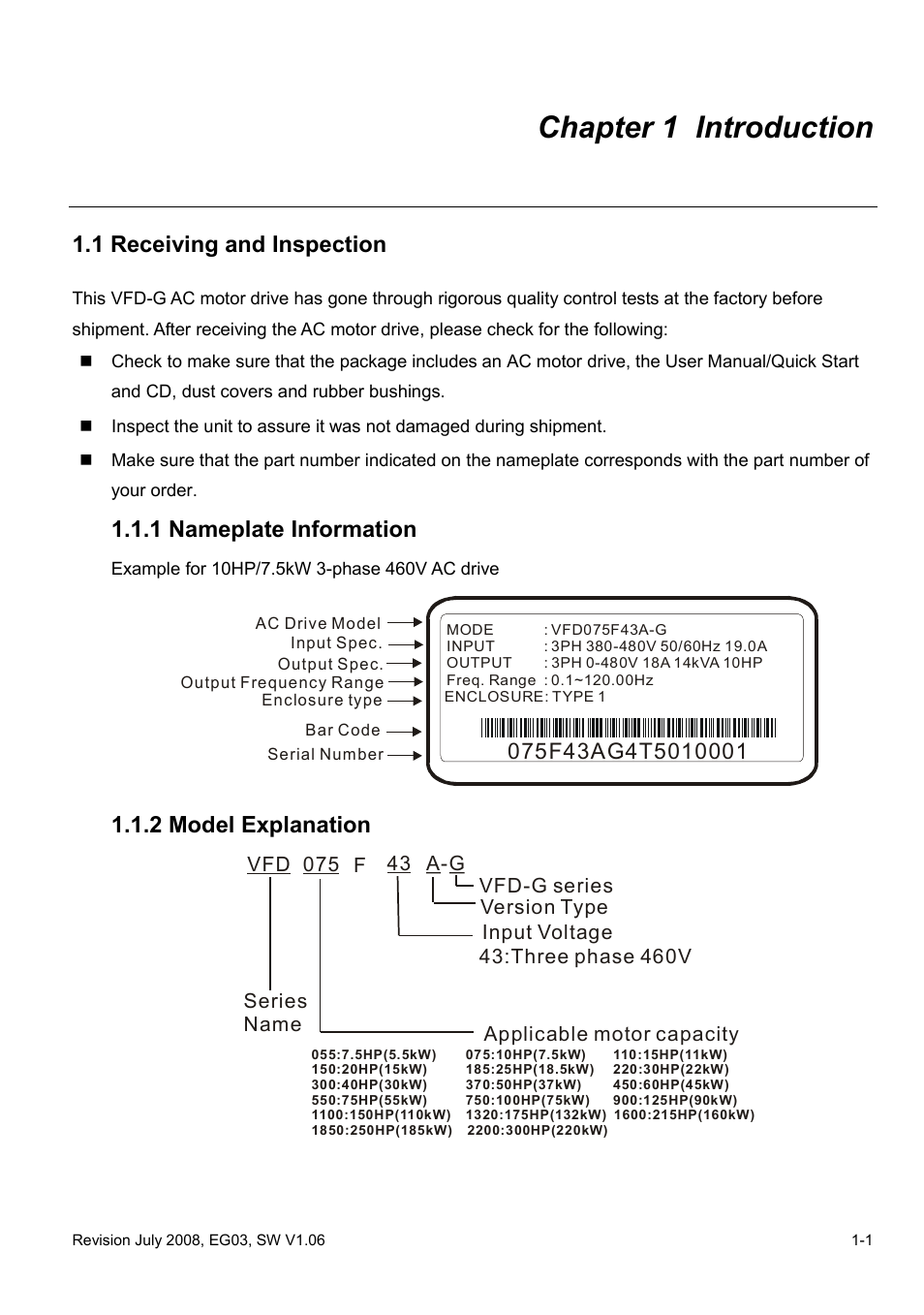 Chapter 1 introduction, 1 receiving and inspection, 1 nameplate information | 2 model explanation, Chapter 1 introduction -3, 1 receiving and inspection -3, 1 nameplate information -3, 2 model explanation -3 | Delta Electronics AC Motor Drive VFD-G User Manual | Page 10 / 183