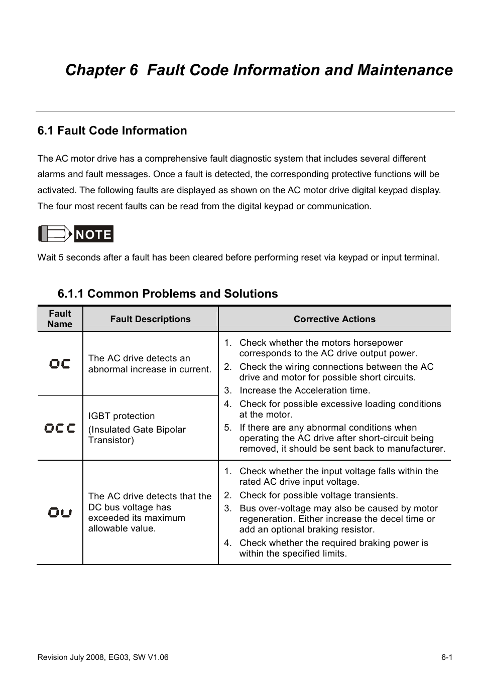 Chapter 6 fault code information and maintenance, 1 fault code information, 1 common problems and solutions | 1 fault code information -3, 1 common problems and solutions -3 | Delta Electronics AC Motor Drive VFD-G User Manual | Page 152 / 183