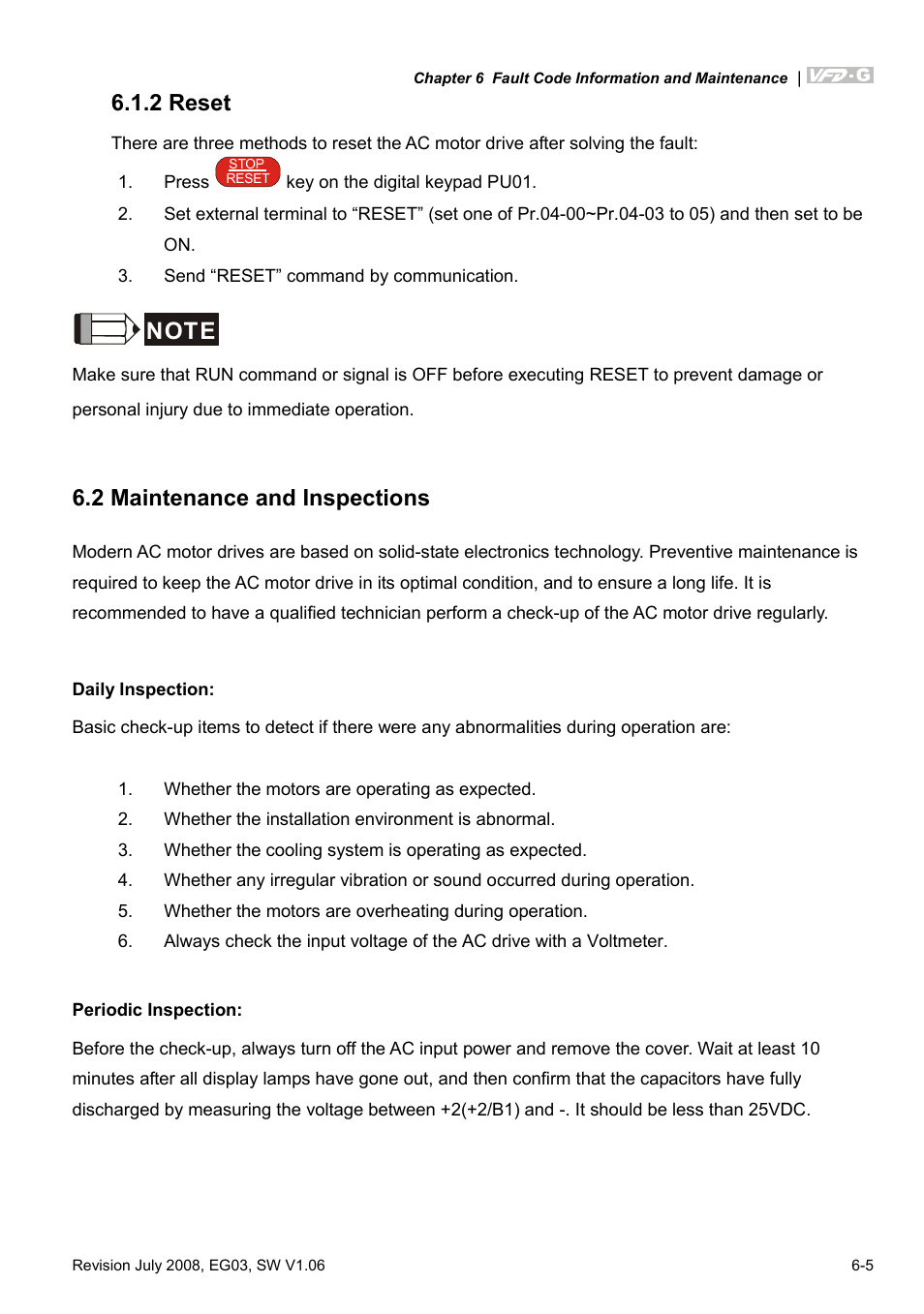 2 reset, 2 maintenance and inspections, 2 reset -3 | 2 maintenance and inspections -3 | Delta Electronics AC Motor Drive VFD-G User Manual | Page 156 / 183
