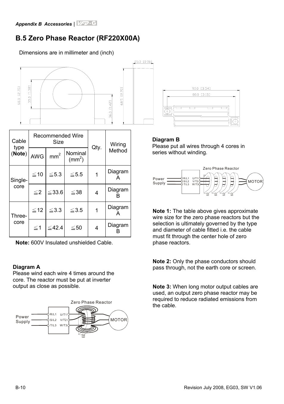 B.5 zero phase reactor (rf220x00a) | Delta Electronics AC Motor Drive VFD-G User Manual | Page 173 / 183