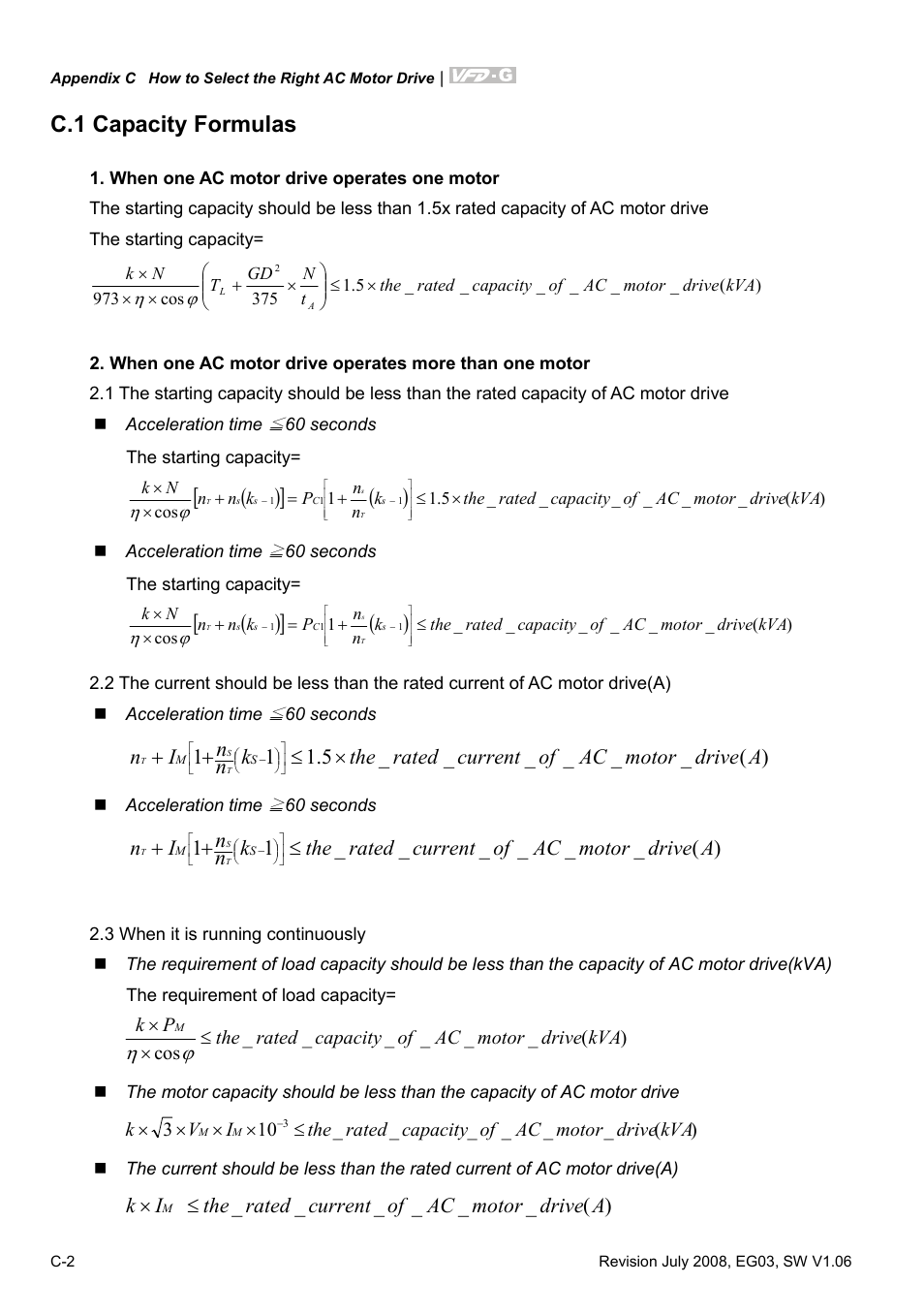 C.1 capacity formulas, A drive motor ac of current rated the i k | Delta Electronics AC Motor Drive VFD-G User Manual | Page 177 / 183