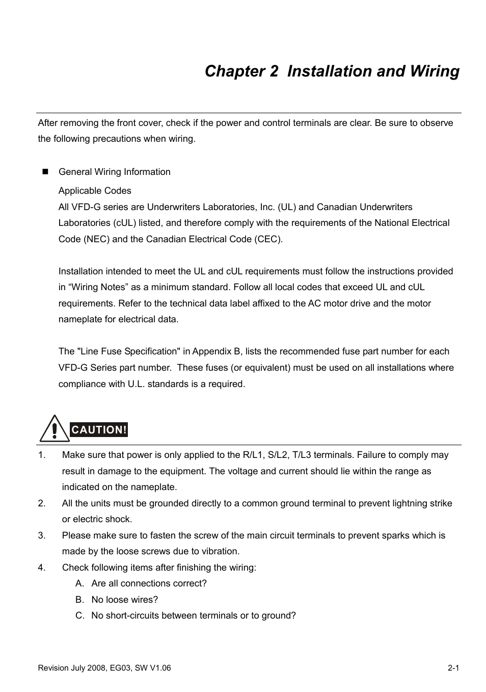 Chapter 2 installation and wiring, Chapter 2 installation and wiring -3 | Delta Electronics AC Motor Drive VFD-G User Manual | Page 24 / 183