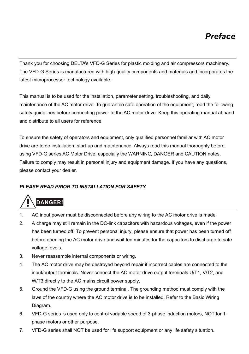 Preface | Delta Electronics AC Motor Drive VFD-G User Manual | Page 4 / 183