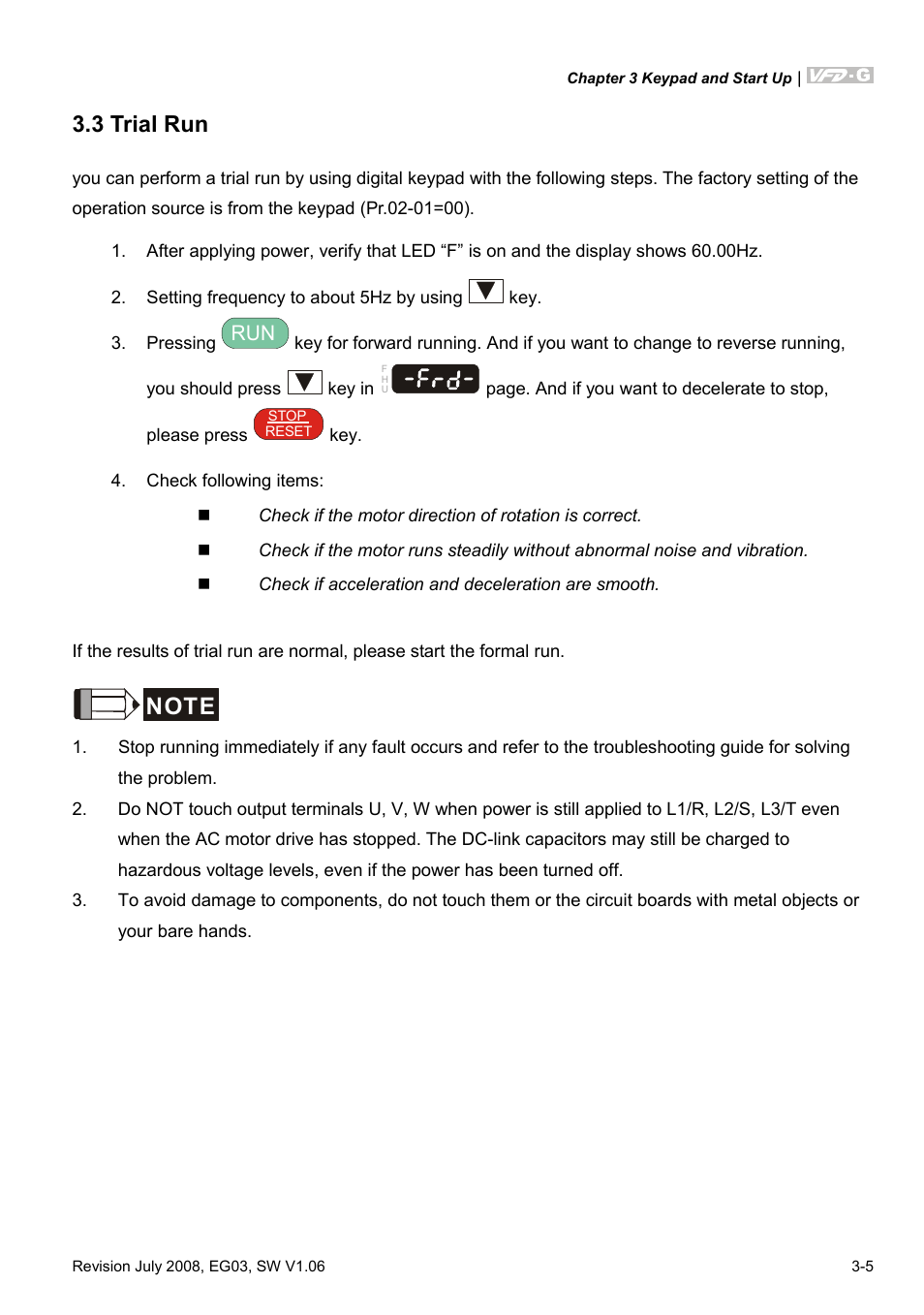 3 trial run, 3 trial run -3 | Delta Electronics AC Motor Drive VFD-G User Manual | Page 50 / 183