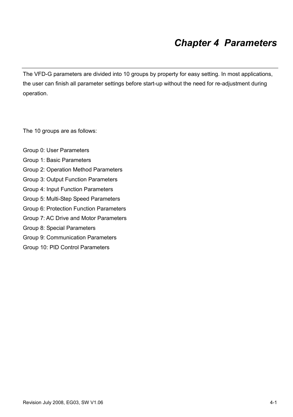 Chapter 4 parameters, Chapter 4 parameters -3 | Delta Electronics AC Motor Drive VFD-G User Manual | Page 52 / 183