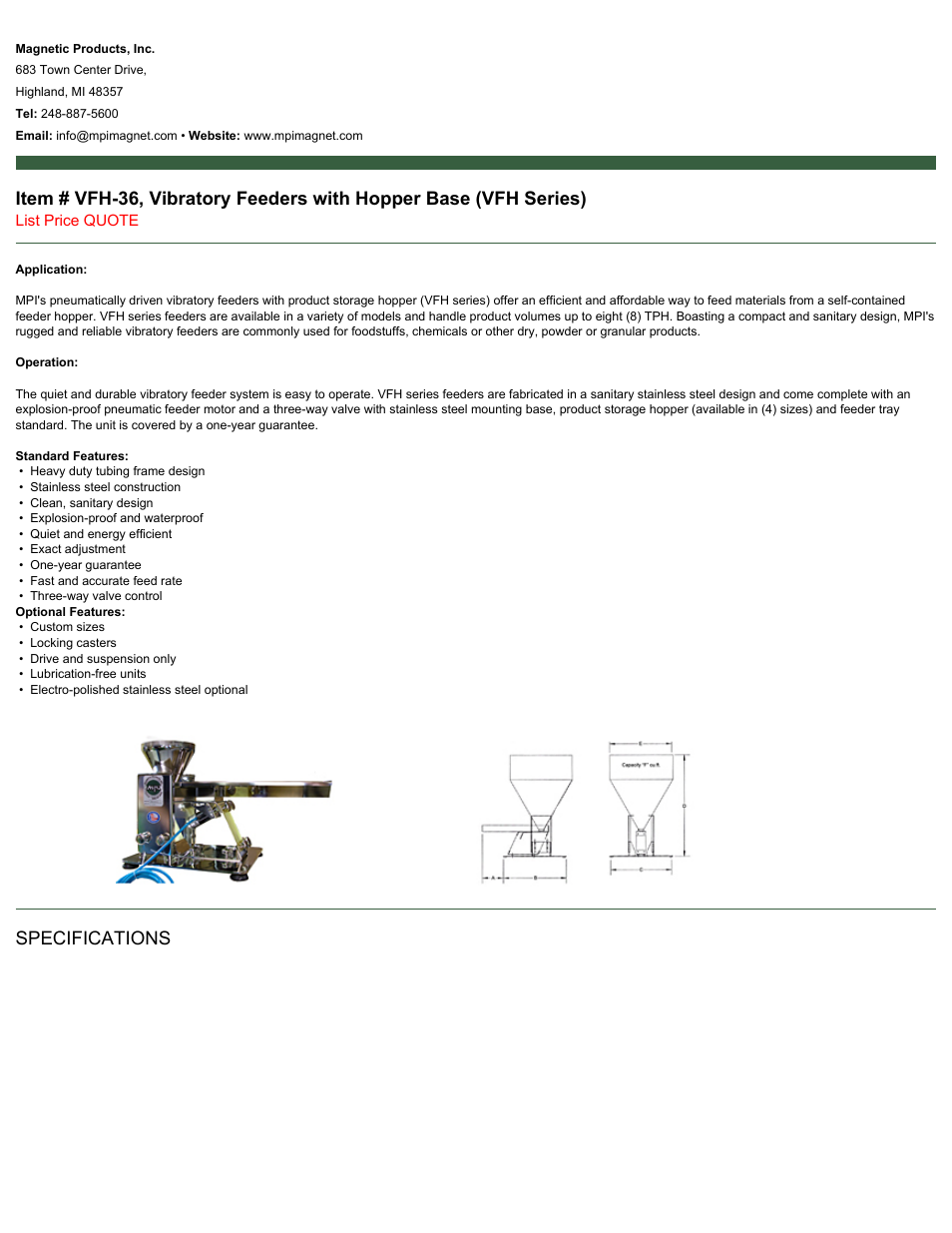 Magnetic Products VFH-36 User Manual | 2 pages