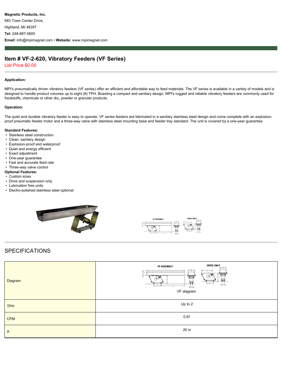 Magnetic Products VF-2-620 User Manual | 2 pages