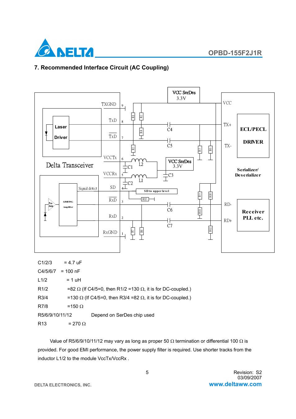 Delta transceiver, Recommended interface circuit (ac coupling) | Delta Electronics 1x9 Bi-Directional Transceiver Module OPBD-155F2J1R User Manual | Page 5 / 7