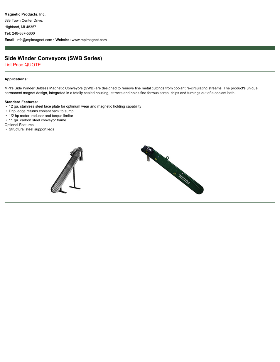 Magnetic Products SWB Series User Manual | 1 page