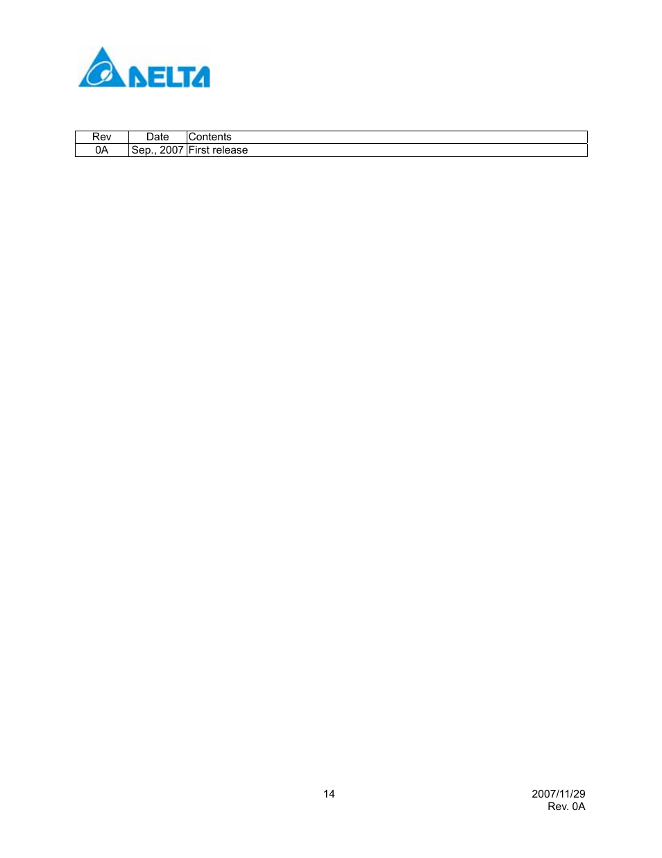 Revision history | Delta Electronics Single Mode SFP Transceiver LCP-1250B4MDRx User Manual | Page 14 / 14
