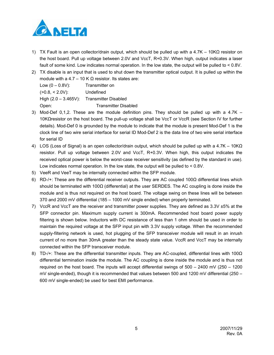 Delta Electronics Single Mode SFP Transceiver LCP-1250B4MDRx User Manual | Page 5 / 14