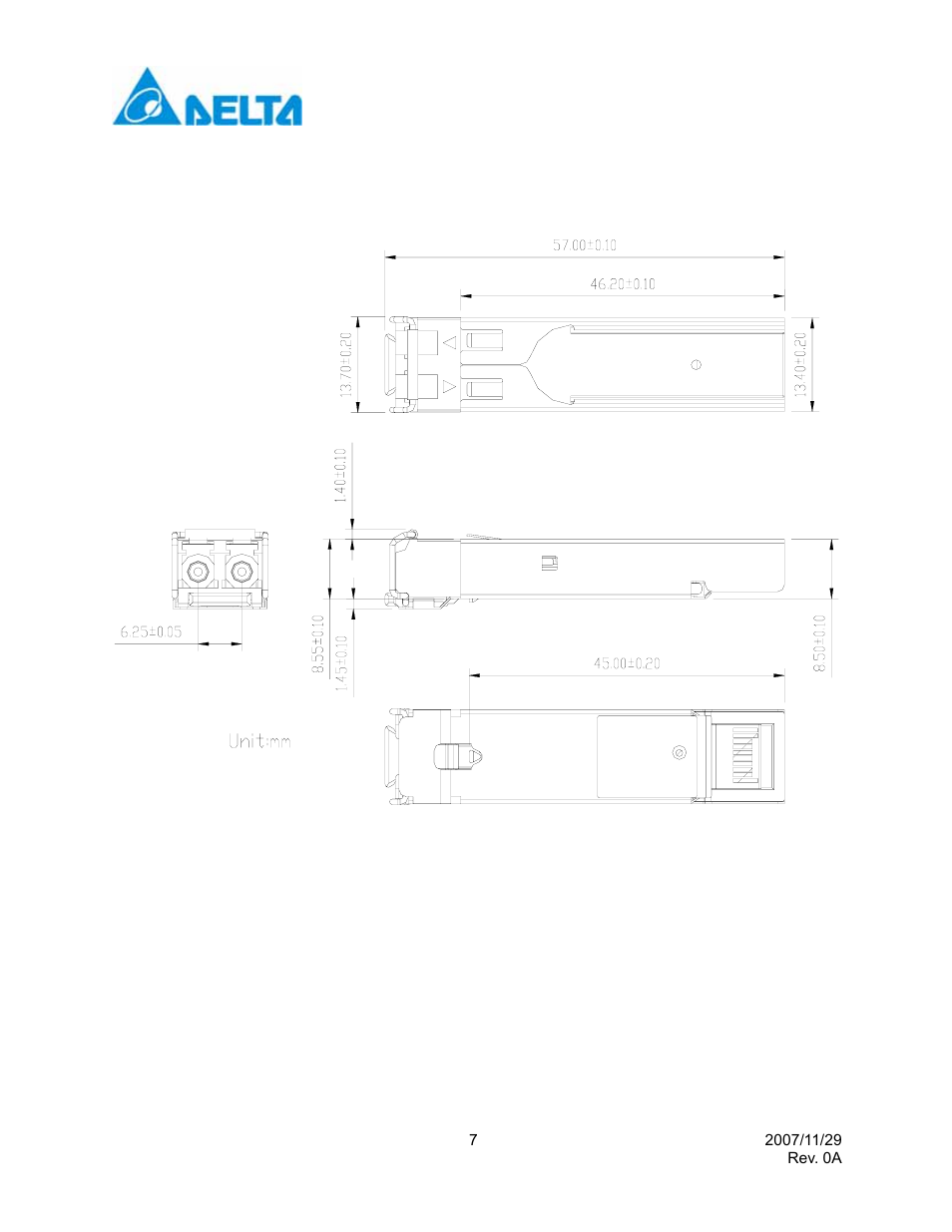 Package outline drawing, Sfp timing parameters for sfp management | Delta Electronics Single Mode SFP Transceiver LCP-1250B4MDRx User Manual | Page 7 / 14