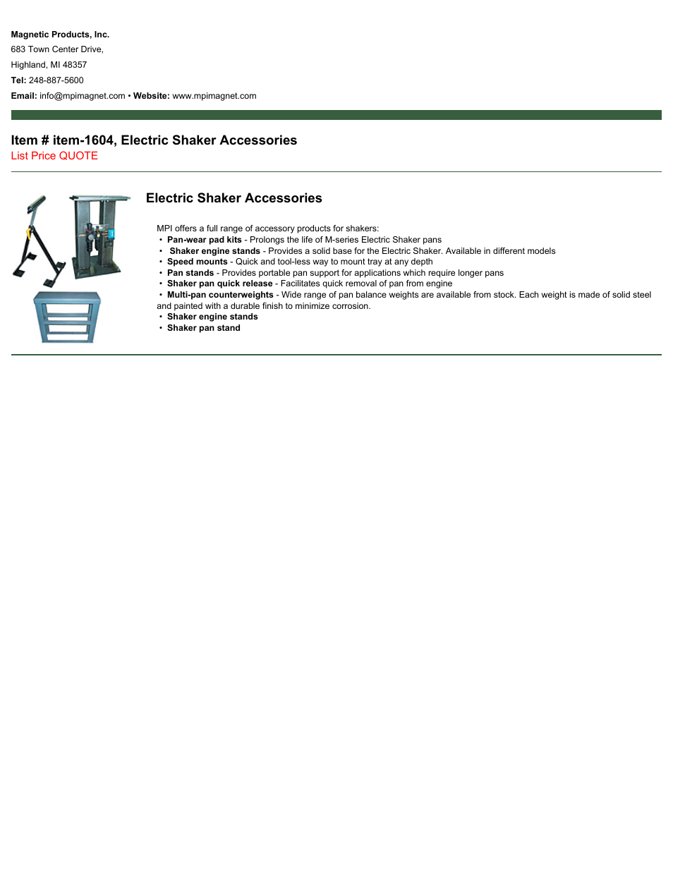 Magnetic Products 1604, Electric Shaker Accessories User Manual | 1 page