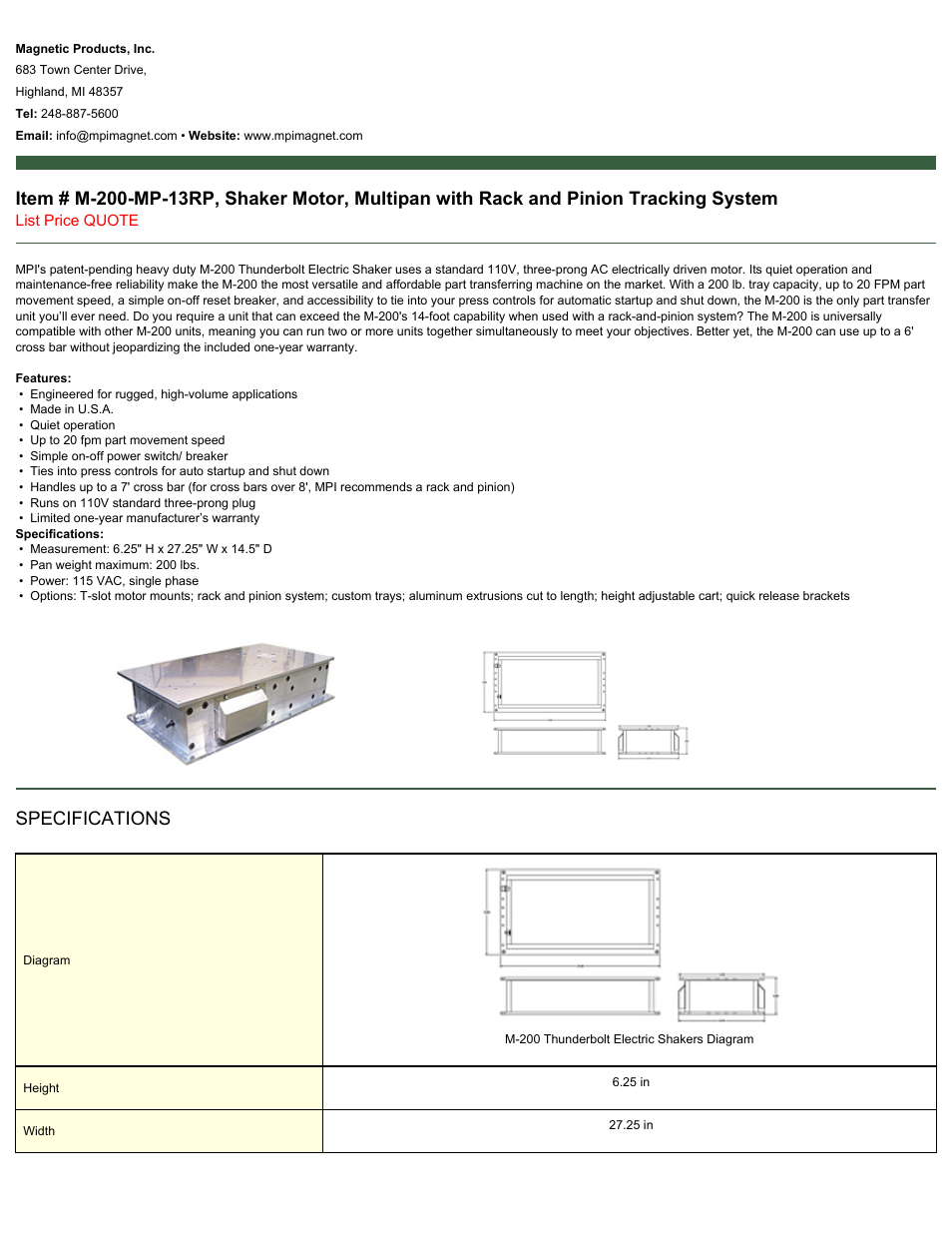 Magnetic Products M-200-MP-13RP User Manual | 2 pages