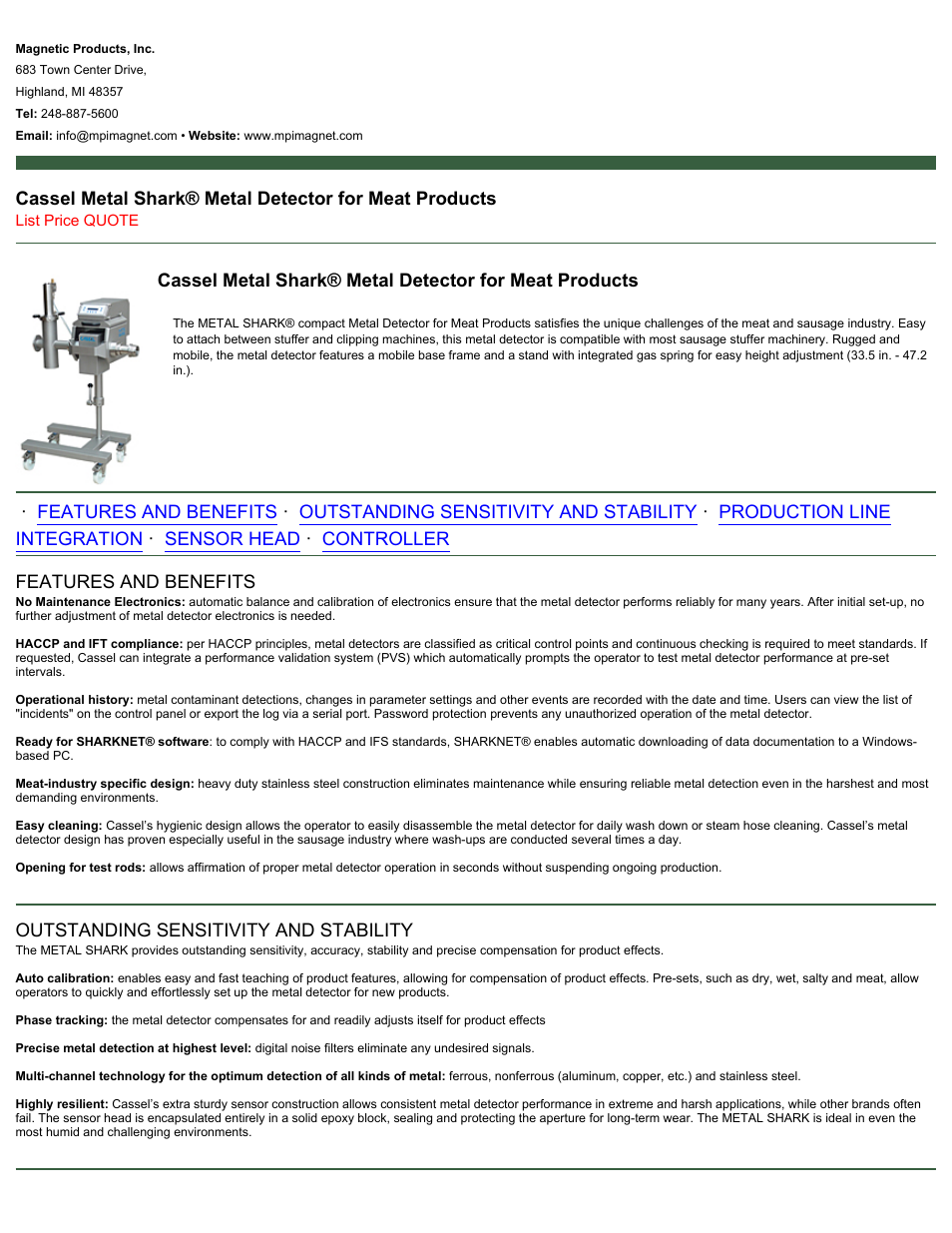 Magnetic Products Cassel Metal Shark Metal Detector for Meat Products User Manual | 2 pages