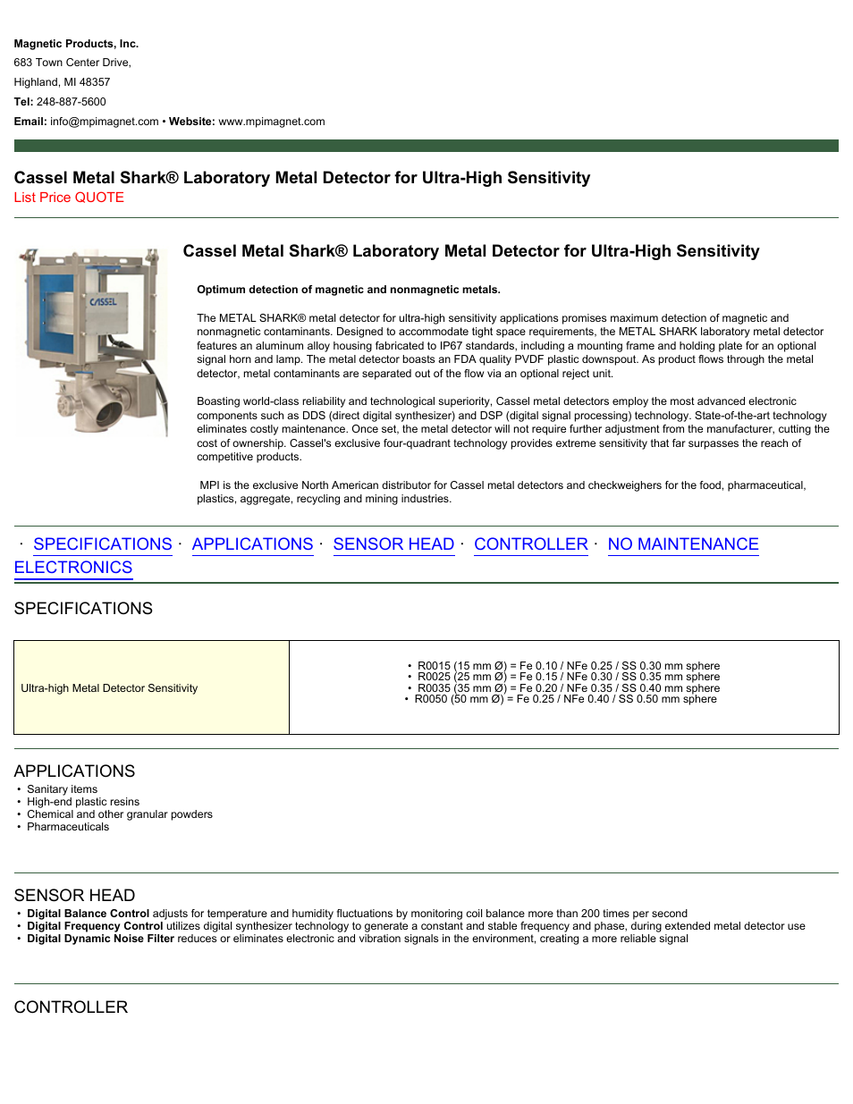 Magnetic Products Cassel Metal Shark Laboratory Metal Detector for Ultra-High Sensitivity User Manual | 2 pages