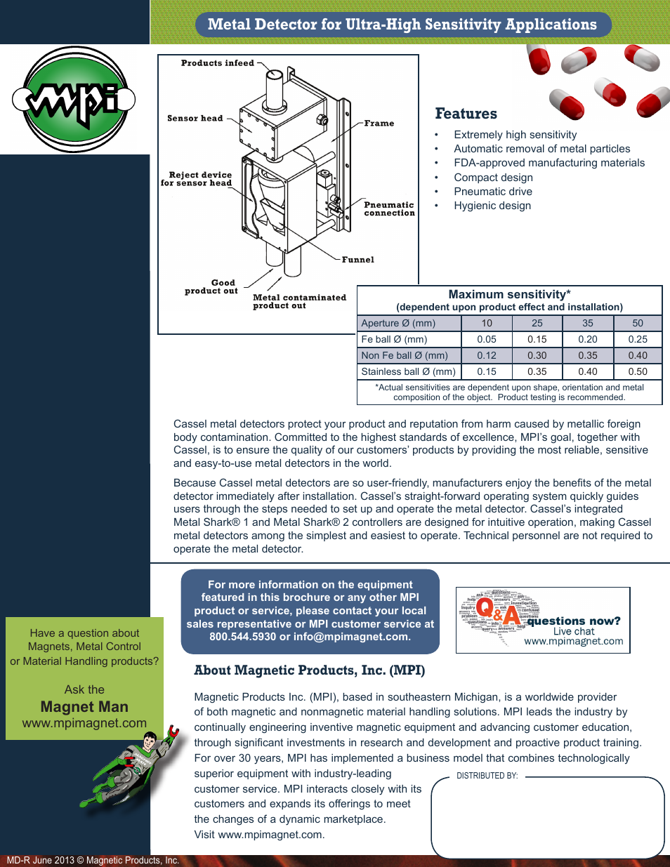 Features, Magnet man, About magnetic products, inc. (mpi) | Magnetic Products Metal Detector for Ultra-High Sensitivity Applications User Manual | Page 2 / 2