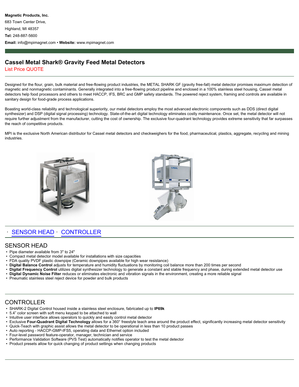 Magnetic Products Cassel Metal Shark Gravity Feed Metal Detectors User Manual | 1 page