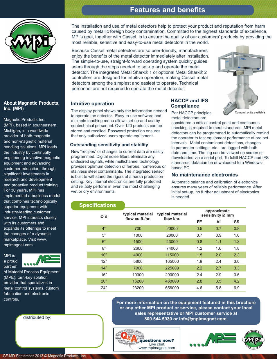 Features and benefits, Specifications | Magnetic Products Metal Detector for Gravity-Fed Products User Manual | Page 2 / 2