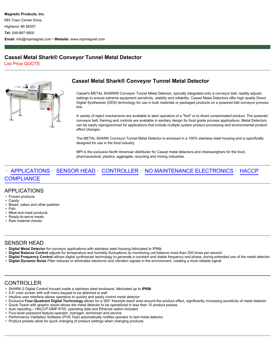 Magnetic Products Cassel Metal Shark Conveyor Tunnel Metal Detector User Manual | 2 pages