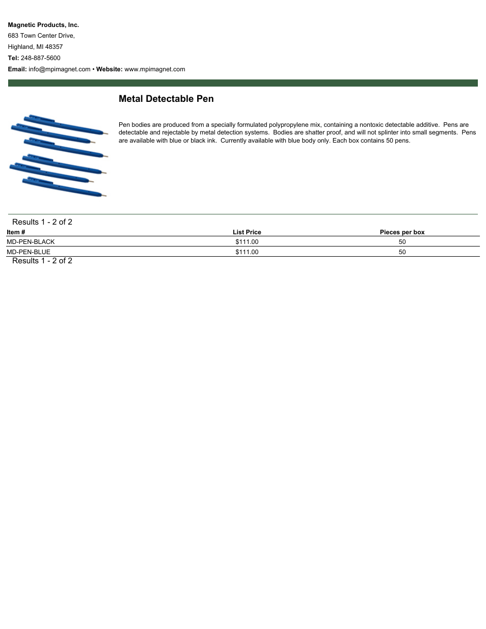 Magnetic Products Metal Detectable Pen User Manual | 1 page