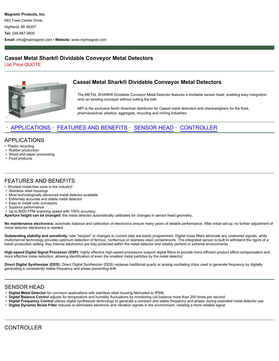 Magnetic Products Cassel Metal Shark Dividable Conveyor Metal Detectors User Manual | 2 pages