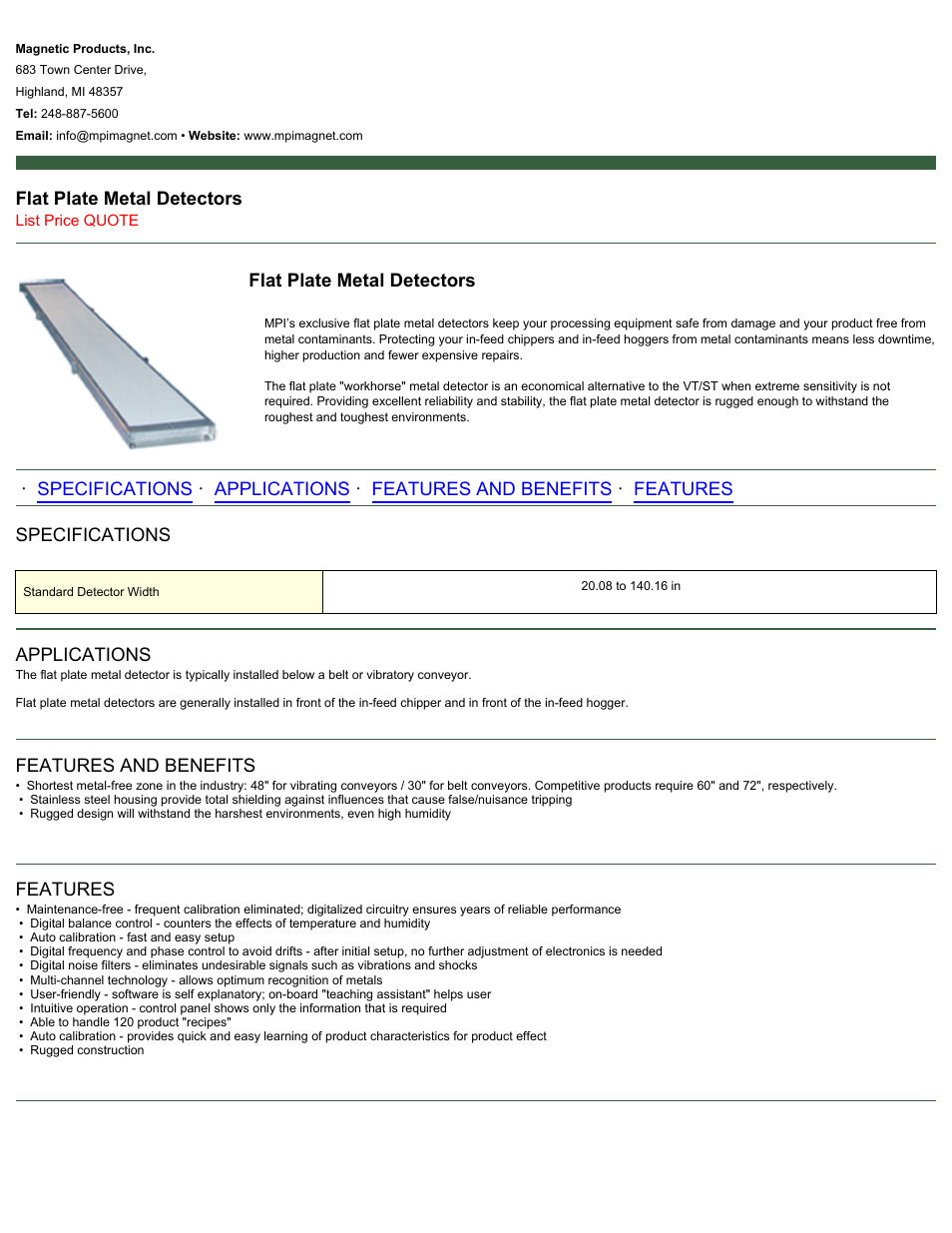 Magnetic Products Flat Plate Metal Detectors User Manual | 1 page