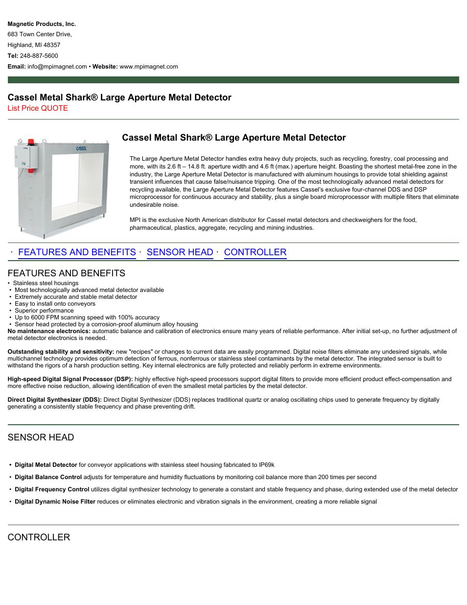 Magnetic Products Cassel Metal Shark Large Aperture Metal Detector User Manual | 2 pages