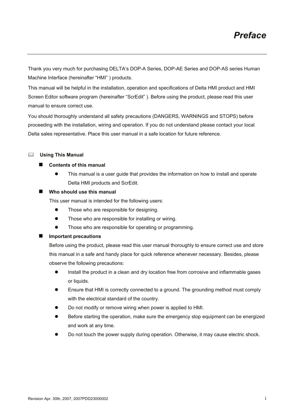 Preface | Delta Electronics Human Machine Interface DOP-A Series User Manual | Page 2 / 329