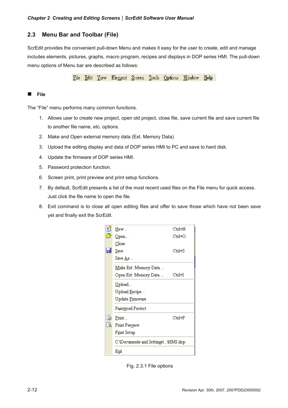 3 menu bar and toolbar (file) | Delta Electronics Human Machine Interface DOP-A Series User Manual | Page 23 / 329
