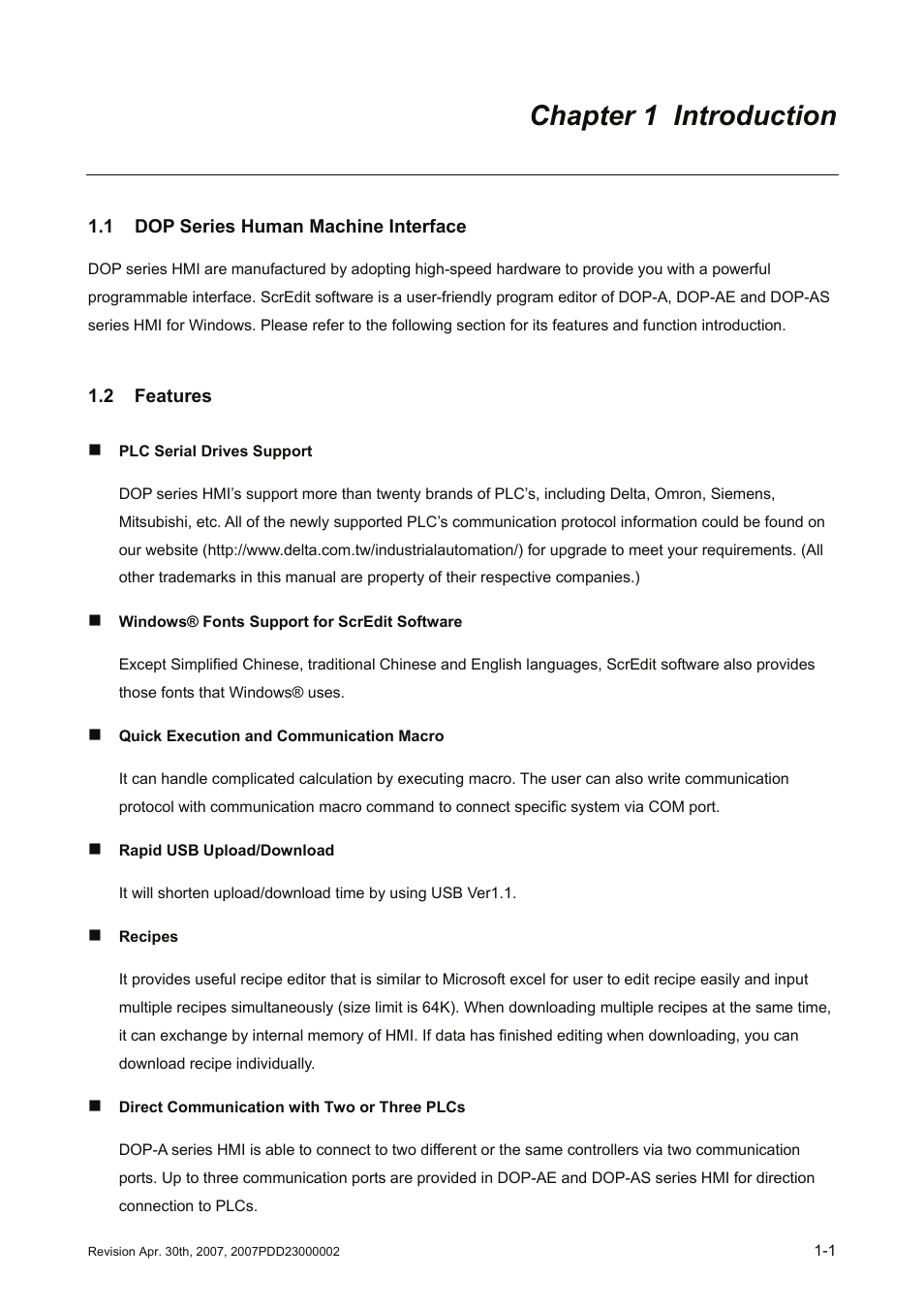 Chapter 1 introduction, 1 dop series human machine interface, 2 features | Delta Electronics Human Machine Interface DOP-A Series User Manual | Page 8 / 329