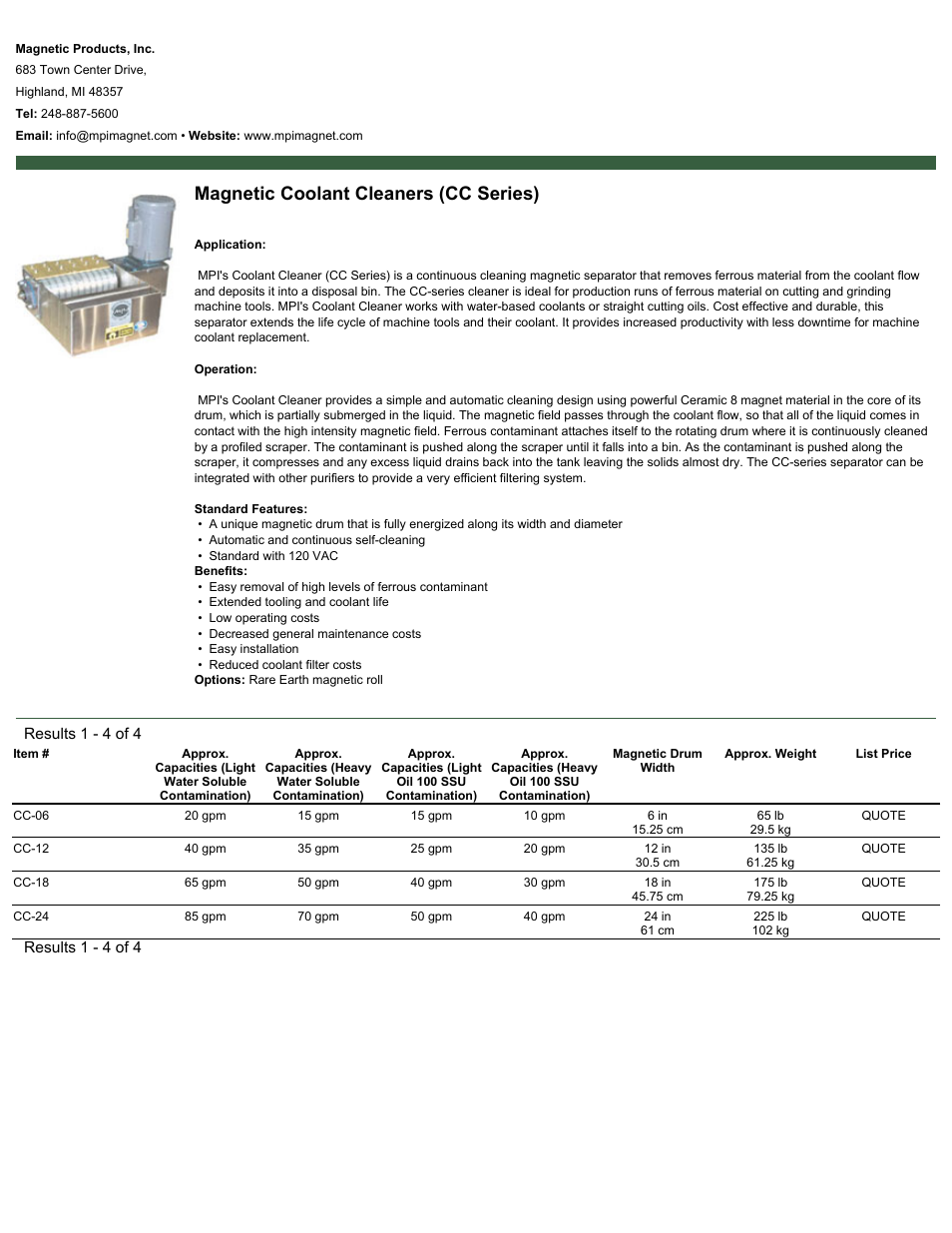 Magnetic Products CC Series User Manual | 1 page