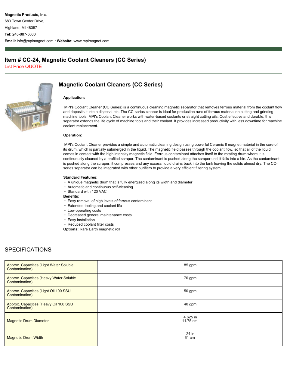 Magnetic Products CC-24 User Manual | 2 pages