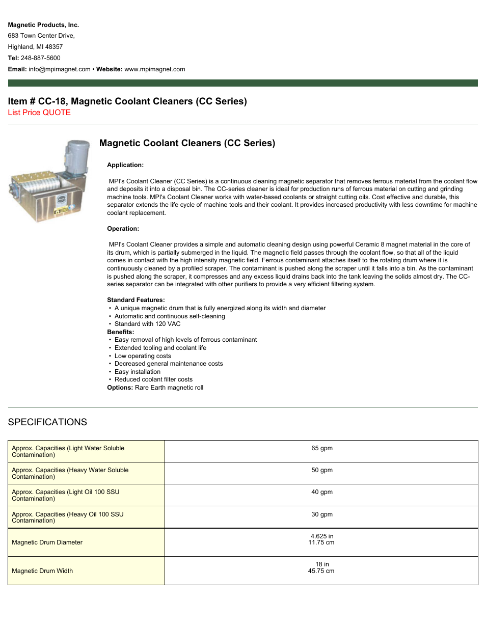 Magnetic Products CC-18 User Manual | 2 pages