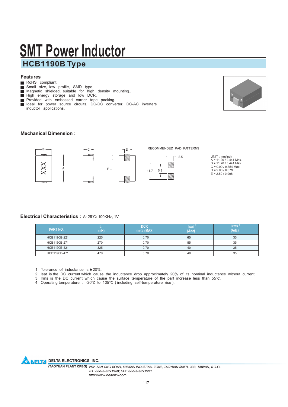 Delta Electronics SMT Power Inductor HCB1190B User Manual | 1 page
