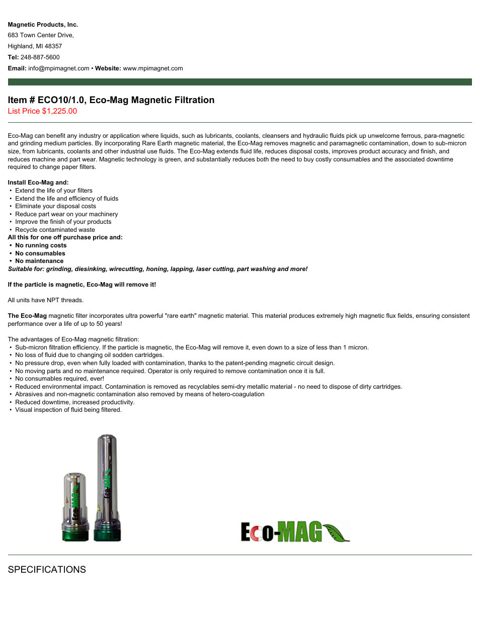 Magnetic Products ECO10/1.0 User Manual | 2 pages