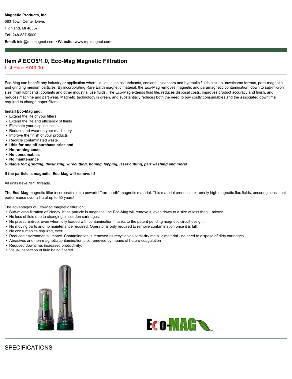 Magnetic Products ECO5/1.0 User Manual | 2 pages