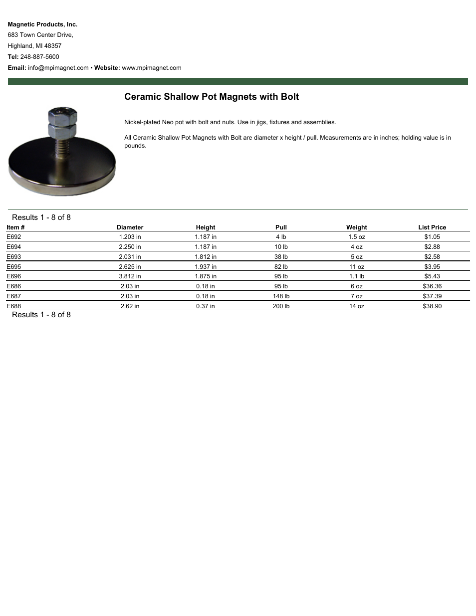 Magnetic Products Ceramic Shallow Pot Magnets with Bolt User Manual | 1 page