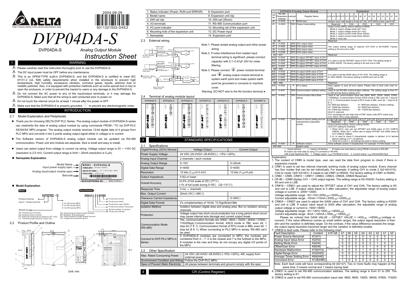 Delta Electronics Analog Output Module DVP04DA-S User Manual | 2 pages