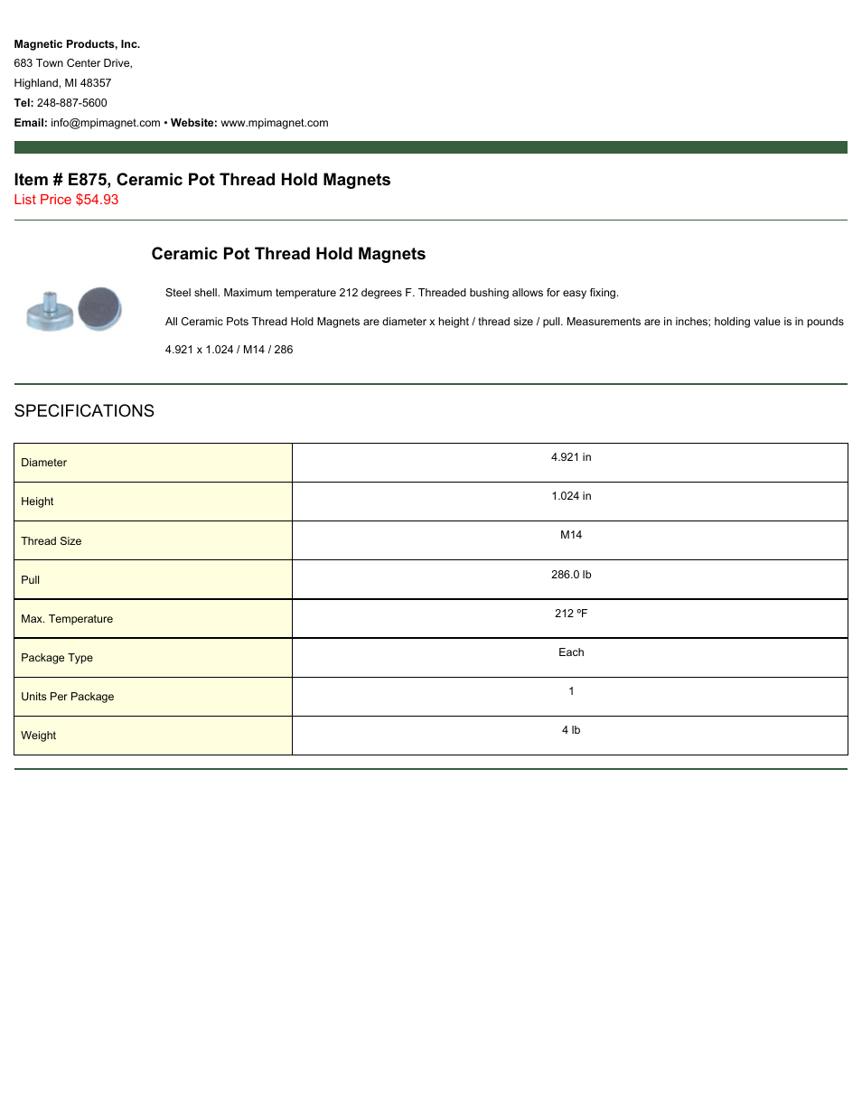 Magnetic Products E875 User Manual | 1 page