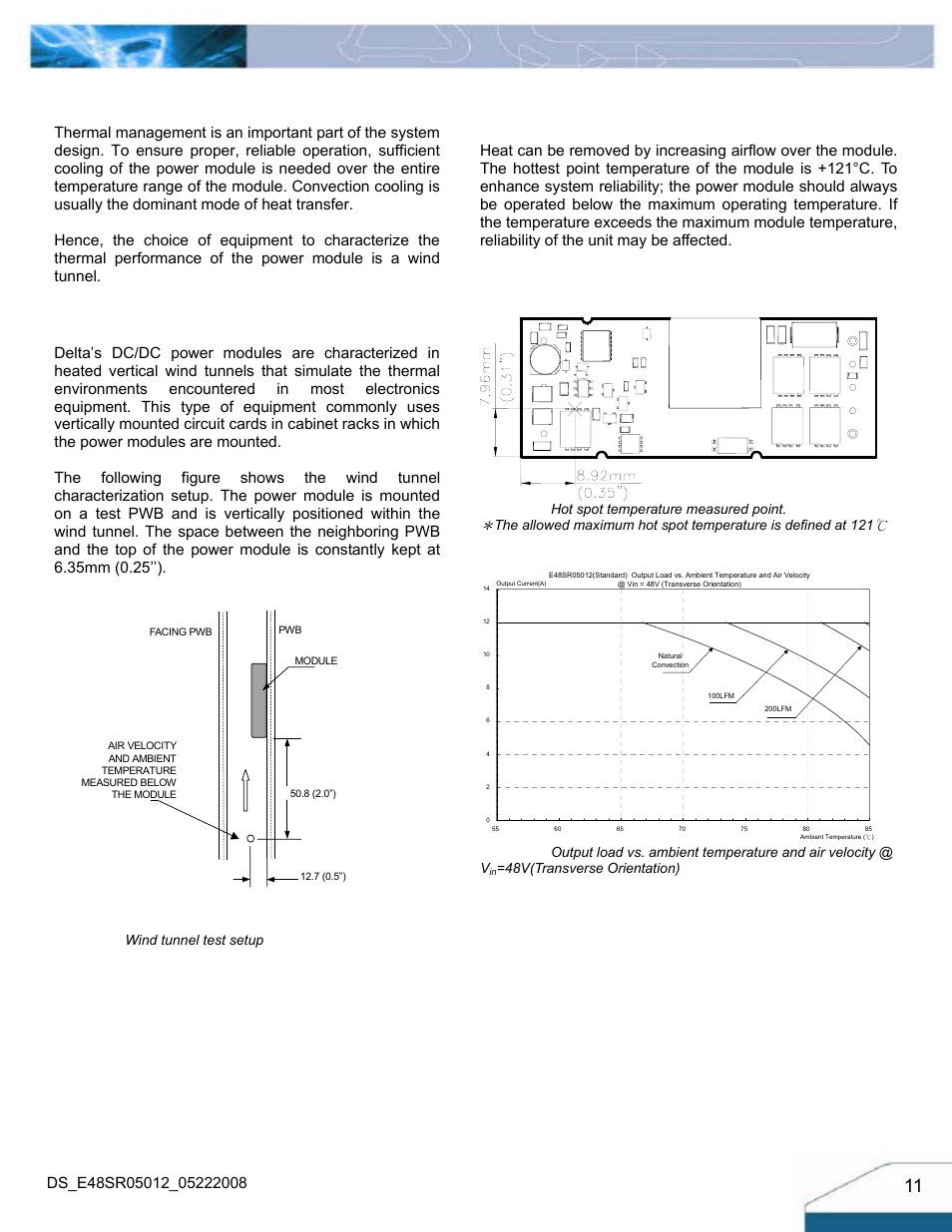Thermal considerations, Thermal curves, Thermal testing setup | Thermal derating | Delta Electronics Series E48SR User Manual | Page 11 / 15