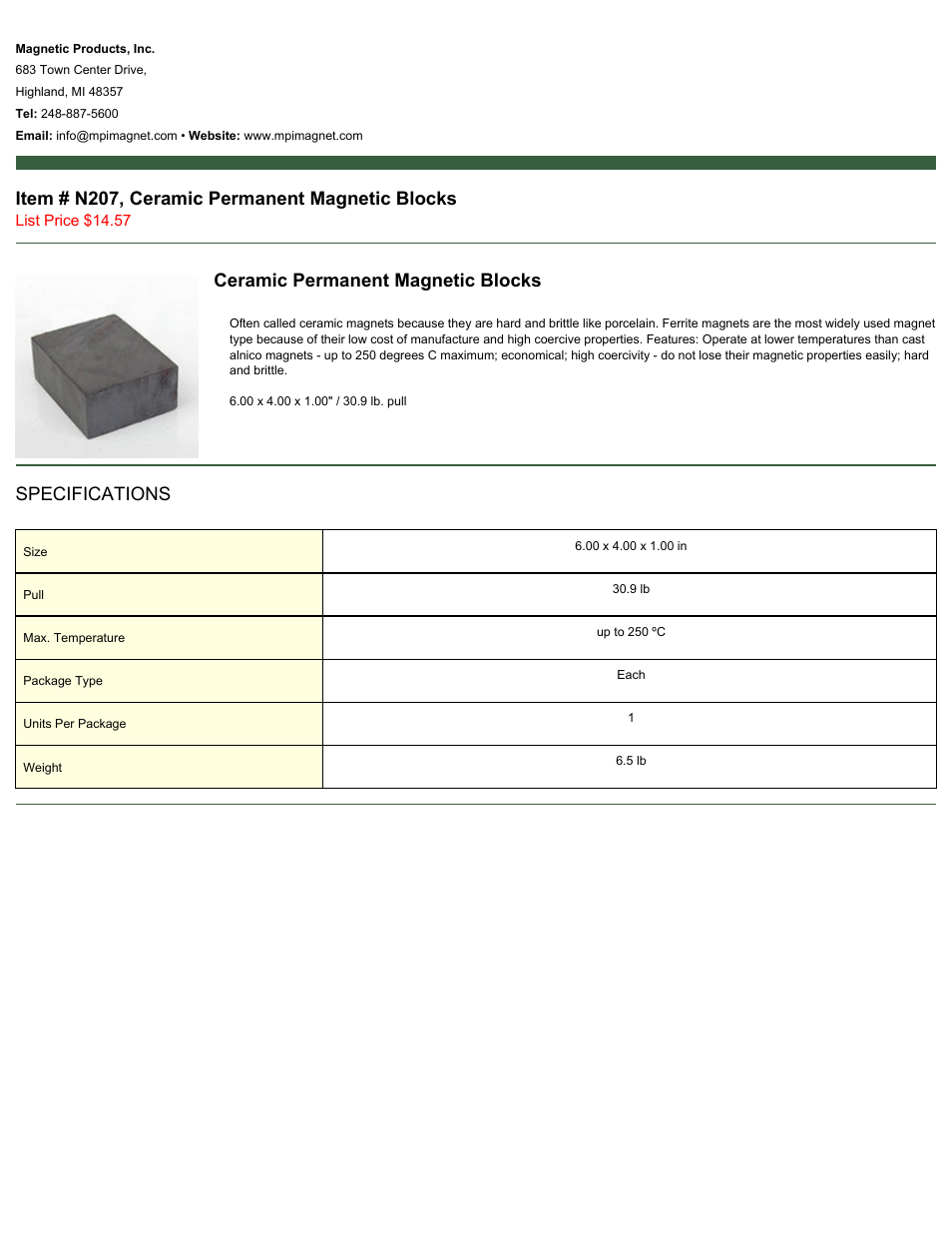 Magnetic Products N207 User Manual | 1 page