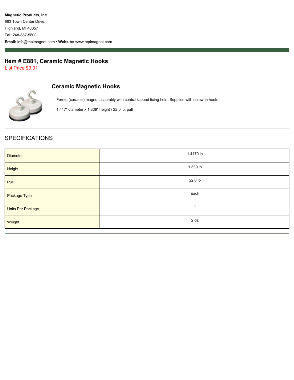 Magnetic Products E881 User Manual | 1 page